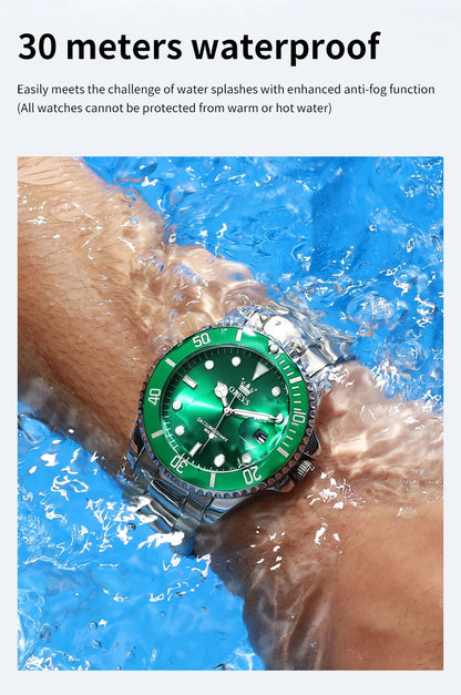 Reloj de hombre de cuarzo resistente al agua, con fecha automática y correa de acero