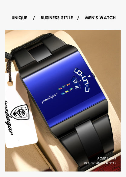 Reloj de hombre rectangular de acero inoxidable, con caja de regalo