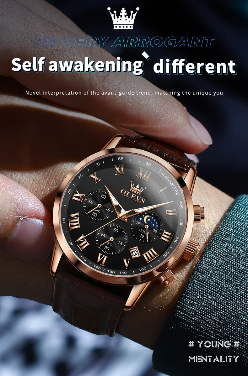 Reloj de hombre de acero con fase lunar y cronógrafo, sumergible