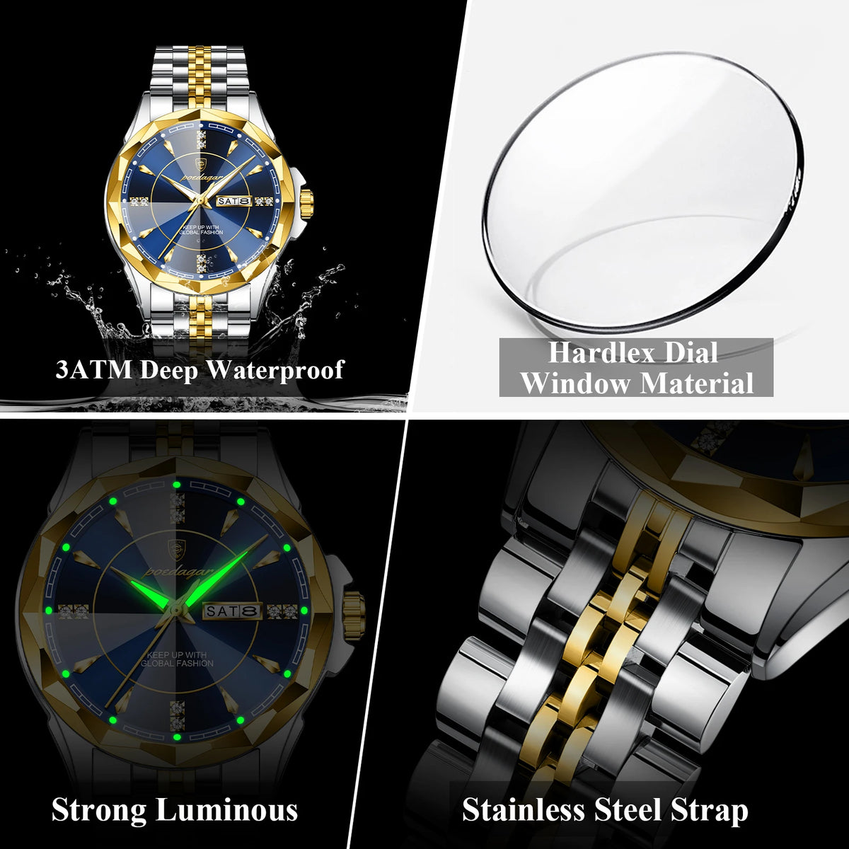 Reloj de hombre de acero inoxidable, sumergible, con fecha y día de la semana