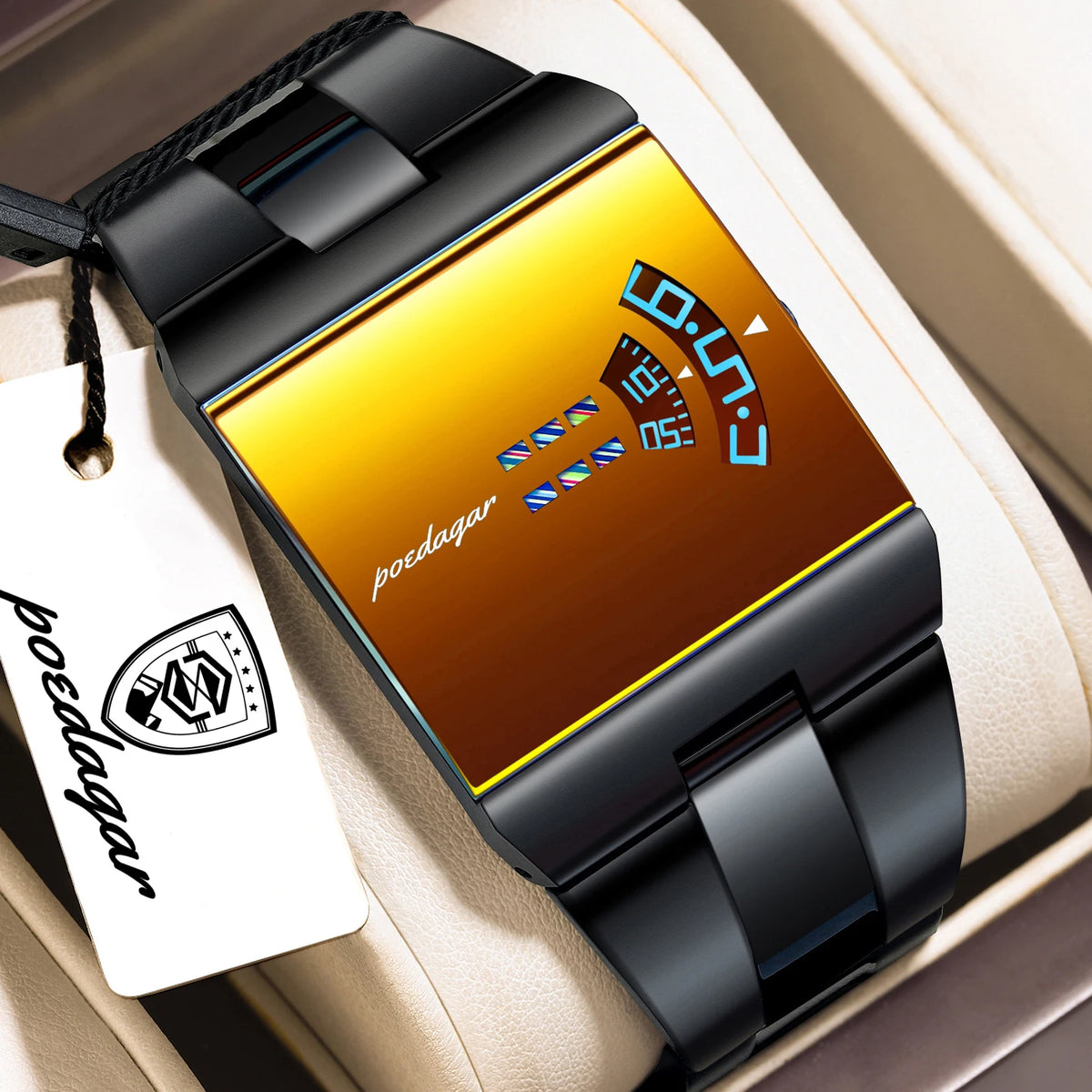Reloj de hombre rectangular de acero inoxidable, con caja de regalo