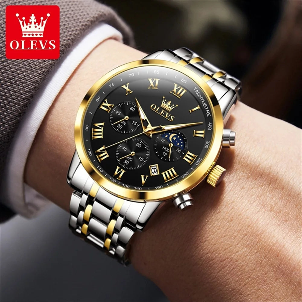 Reloj de hombre de acero con fase lunar y cronógrafo, sumergible
