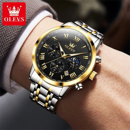 Reloj de hombre de acero con fase lunar y cronógrafo, sumergible