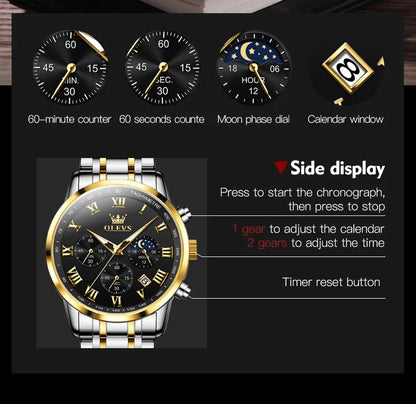 Reloj de hombre de acero con fase lunar y cronógrafo, sumergible