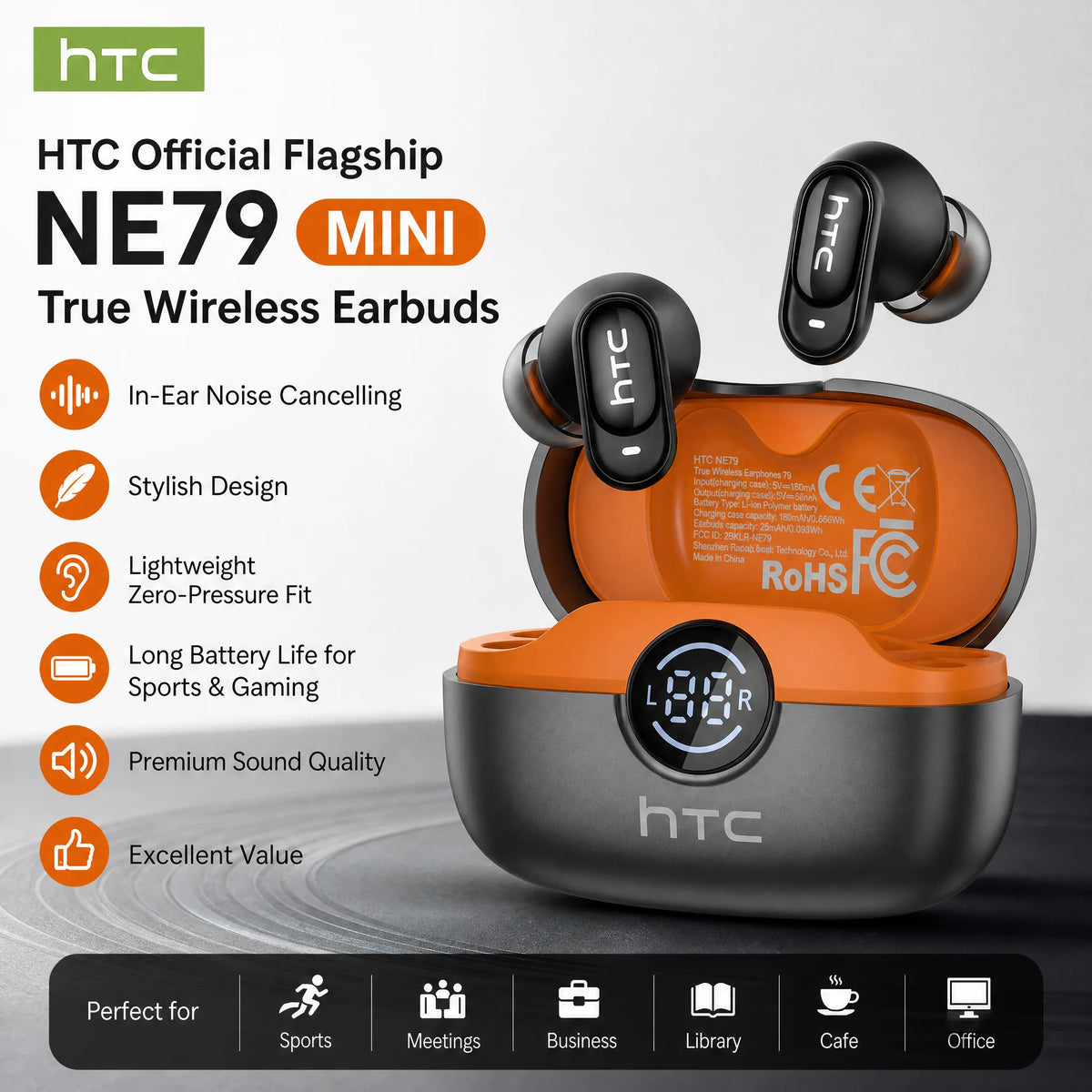 Auriculares inalámbricos HTC NE79 con traductor, cancelación de ruido y pantalla LED